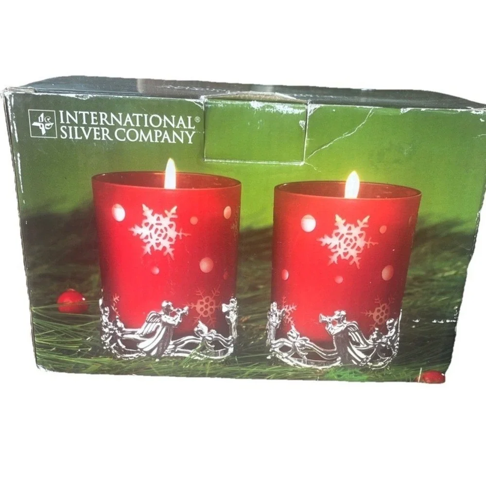International Silver Company Red Snowflake Angel Votive Candles Set of 2